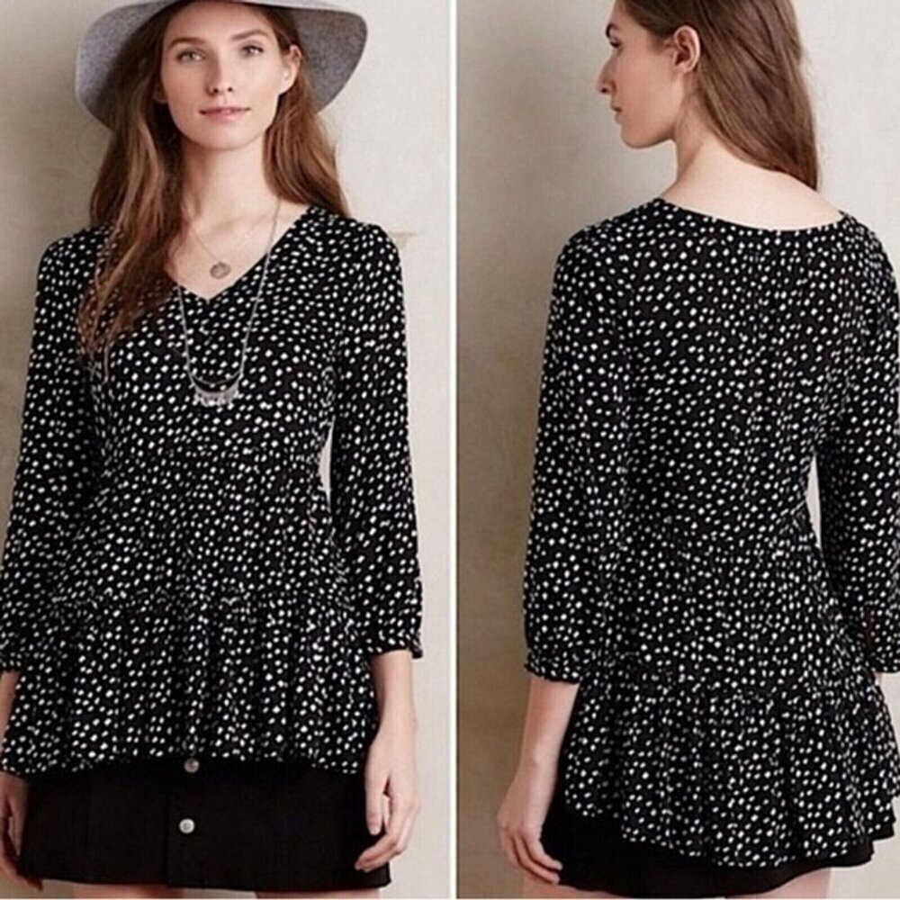 Maeve Anthropologie Peplum top Sz S Lila Polka Dot 3/4 Sleeve Black White blouse